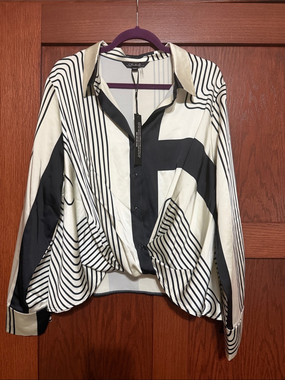 CHARLIE B Black and White Graphic Silky, Stripe Button-Down Shirt NWT